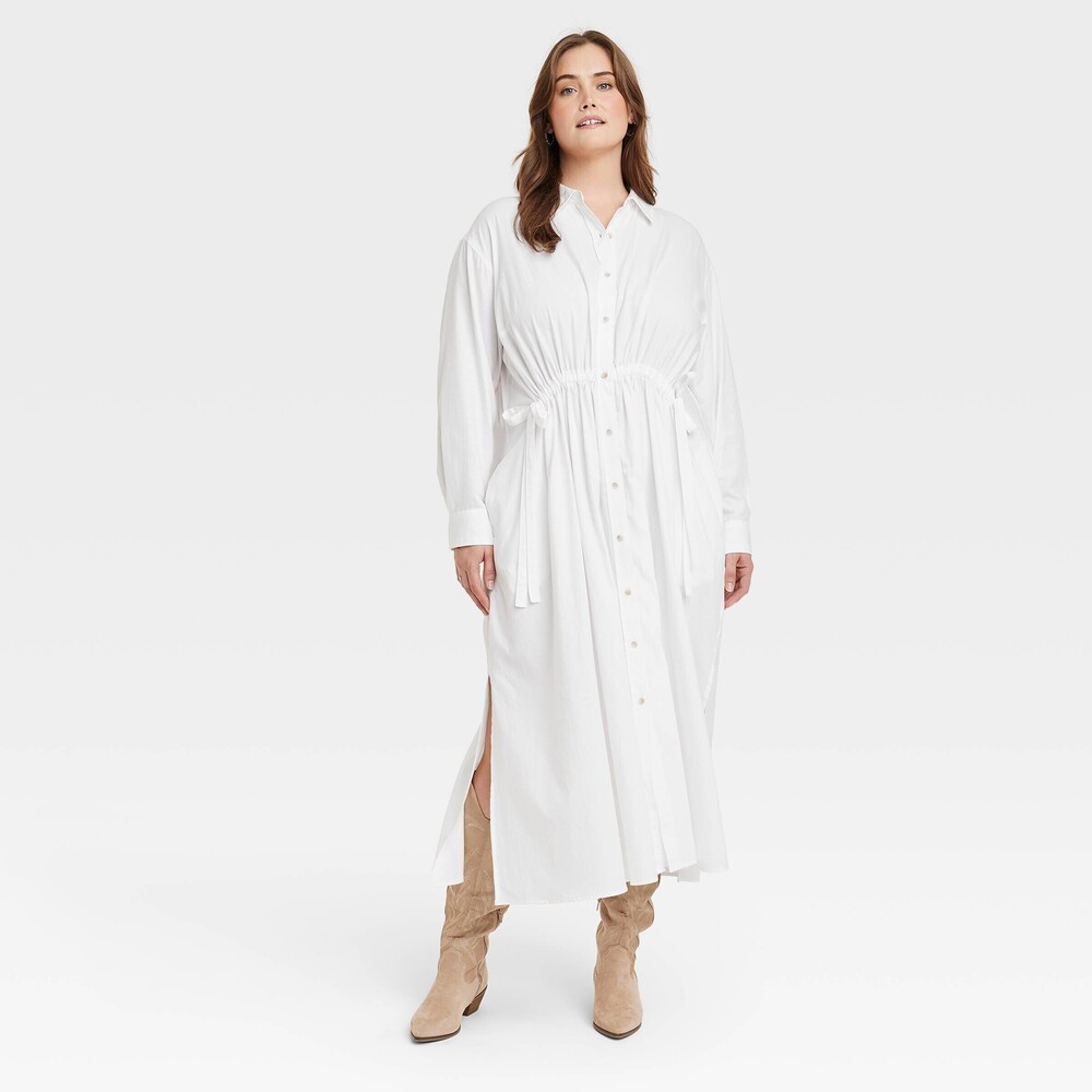 Long Sleeve Cinch Waist Maxi Button Front Shirtdress White Plus XXL Minimalist
